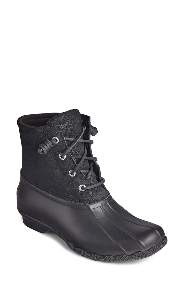 Women's Sperry Saltwater Serpent Leather Duck Boot Black, Size 6M