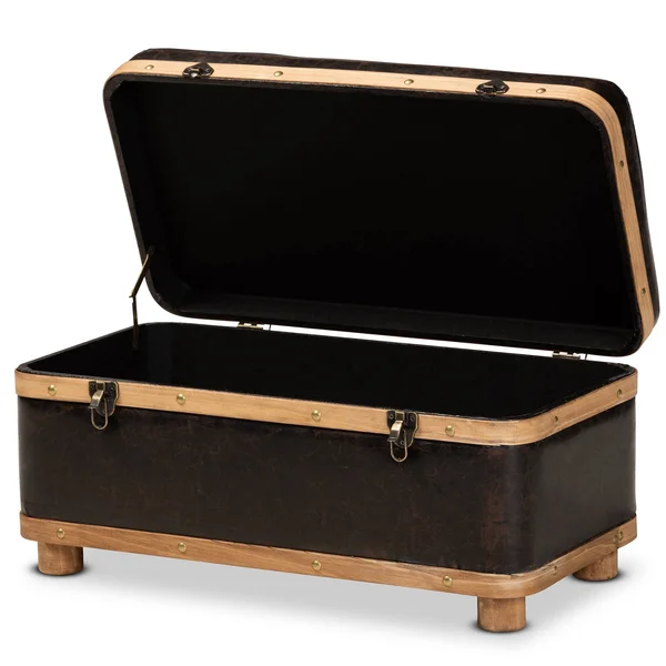 Baxton Studio Gendry Modern Rustic Transitional Dark Brown Faux Leather Upholstered and Oak Brown Finished Wood Small Storage Ot