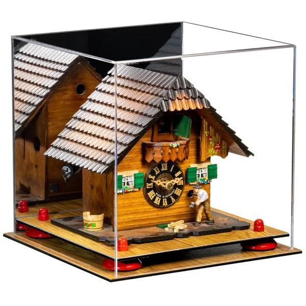 Wood Base Acrylic Versatile Display Case 10 x 10 x 10 Mirror (A028/V33) - Wood Base - Red Risers, No Wallmount, Better Display