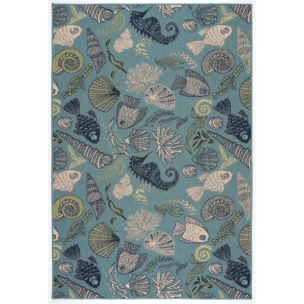 Gad Premium Indoor Outdoor Contemporary Ocean Marine Life Area Rug (7&10 inchx 10&2 inch) Teal, Beige, Green & Navy Blue Coa