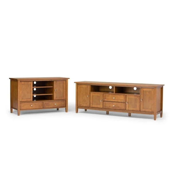 Simpli Home Warm Shaker Solid Wood 72 in. Wide Transitional TV Media Stand in Light Golden Brown for TVs Up to 80 in.