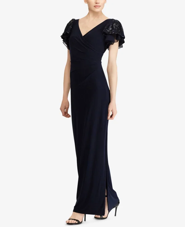 Lauren Ralph Lauren Embellished Flutter-Sleeve Gown - Lighthouse Navy