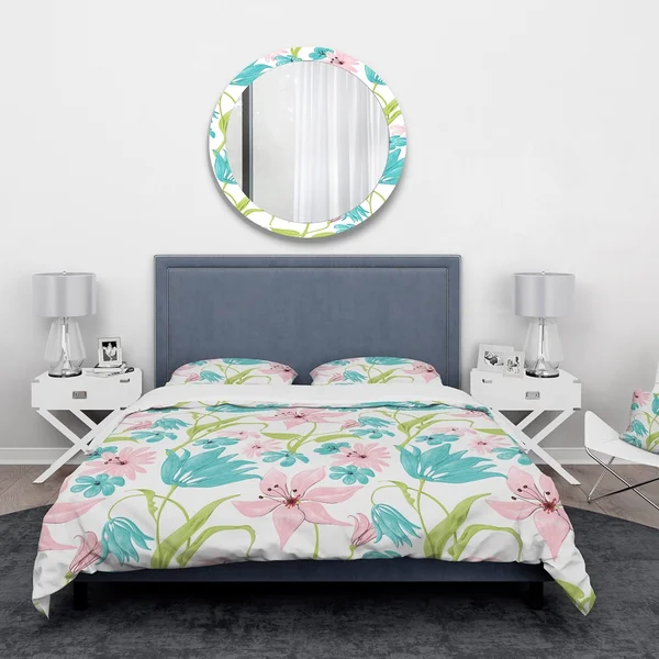 Designart &Pink and Blue Flowers Drawing& Floral Bedding Set - Duvet Cover & Shams - Twin Cover + 1 Sham (comforter Not Incl