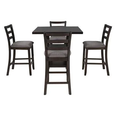 5-Piece Wooden Counter Height Dining Set, Square Dining Table with 2-Tier Storage Shelving and 4 Padded Chairs, Espresso August