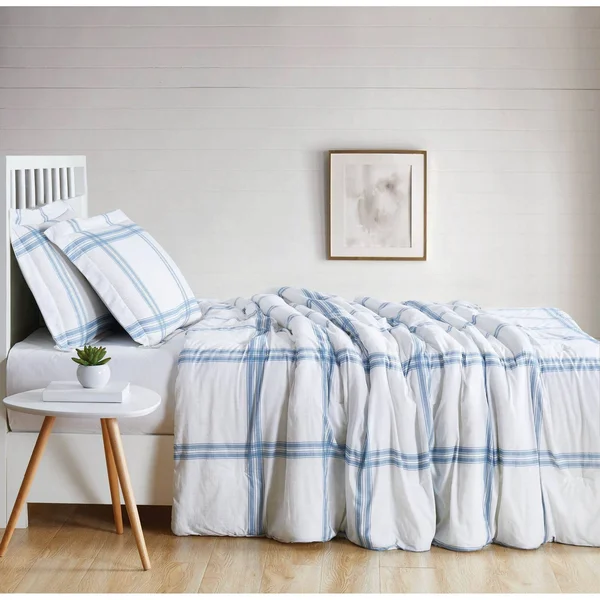 Cottage Classics Farmhouse Plaid 3 Piece King Comforter Set, Blue
