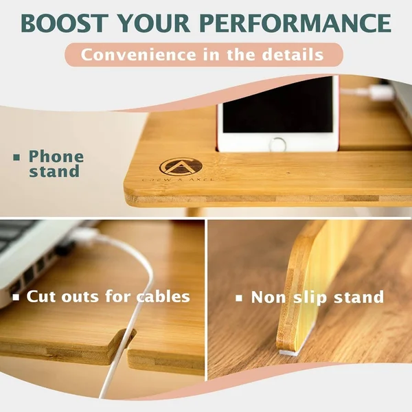 Crew & Axel Standing Desk Converter 100% Natural Bamboo Adjustable Sit Stand Riser Workstation for Desktop or Laptop, Dual M