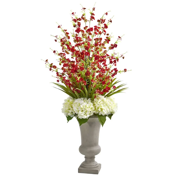 Nearly Natural Cherry Blossom & Hydrangeas Artificial Arrangement in Urn White