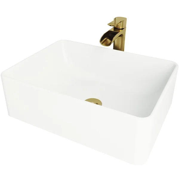 Vigo Matte Stone Amaryllis Composite Rectangular Vessel Bathroom Sink in White with Faucet and Pop-Up Drain in Matte Gold VGT146