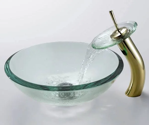 Kraus C-GV-101-19mm-10CH Clear 19mm Thick Glass Vessel Sink and Waterfall Faucet Chrome