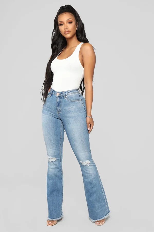 Womens Nothing But The Best Flare Jeans in Medium Blue Wash Size 14 by Fashion Nova