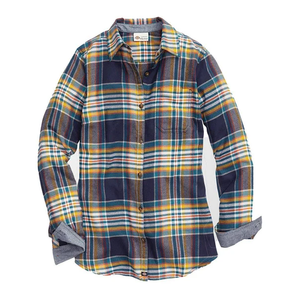 Dickies Women's Long Sleeve Plaid Flannel Shirt - Scarf Gold Navy Size Xs (FL075)