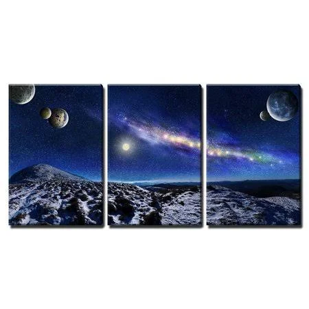Wall26 - 3 Piece Canvas Wall Art - Night Space Landscape. Milky Way Galaxy and Planets Over Mountains - Modern Home Decor Stretc