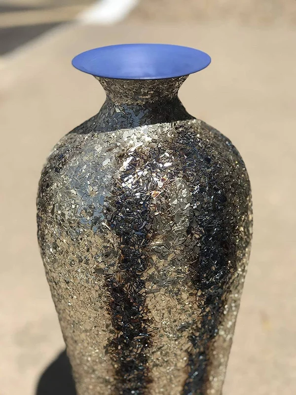 DecorShore Fired Gold Vase with Striped Crackled Glass Mosaic -Artisan Metal Accent Vase with Sparkling Metallic Glass Flake Ove