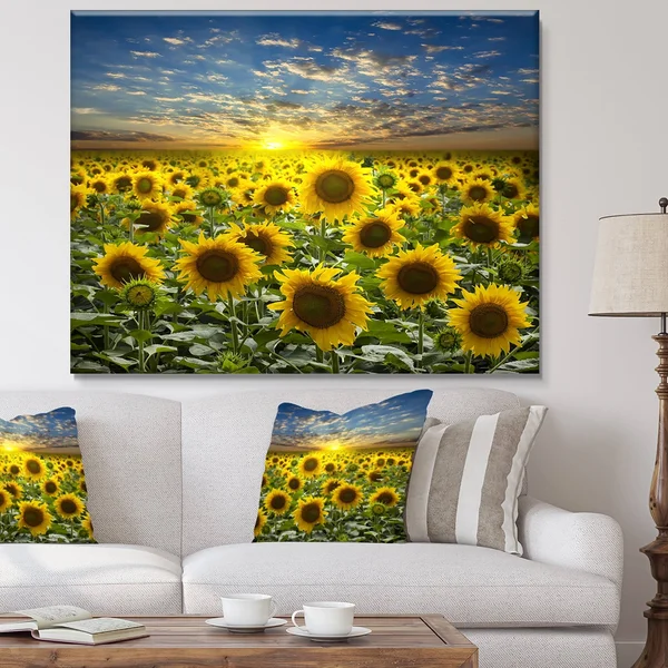 Design Art Field of Blooming Sunflowers Photographic Print on Wrapped Canvas - Green