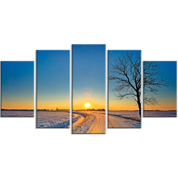 Design Art 'Distant Sunset in Winter' Photographic Print on Wrapped Canvas - Size: 20 inch H x 40 inch W x 1 inch D, Yellow