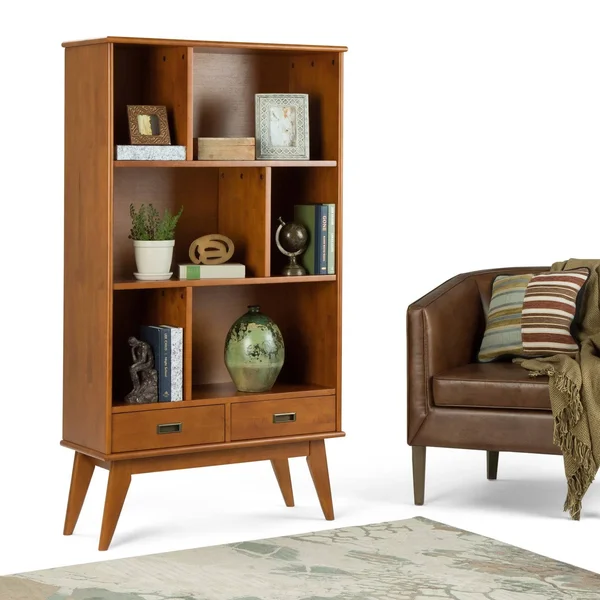 Simpli Home Draper 6 Cubby Bookcase, Teak Brown
