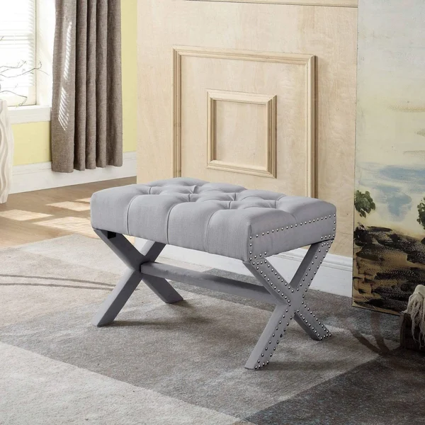 Chic Home Paige Grey Updated Neo Traditional Polished Nailhead Tufted Linen x Ottoman