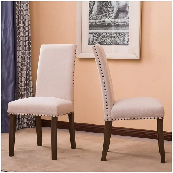 BELLEZE Set of (2) Dining Chairs Linen Armless Nailhead Trim Accent Elegant Side Chair Wooden Leg - Beige