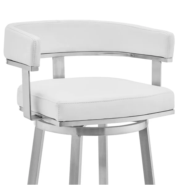 Armen Living Cohen 30x22 White Faux Leather and Brushed Stainless Steel Swivel Bar Stool