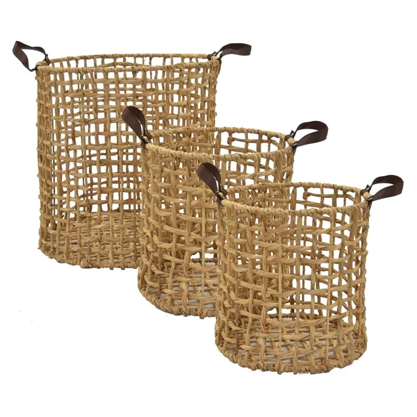Plutus Brands Water Hyacinth Basket in Brown Natural Fiber Set of 3