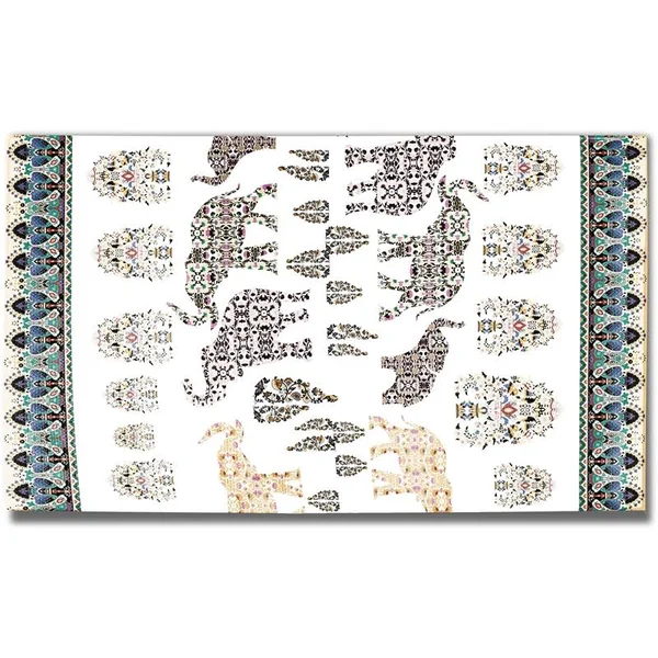Elephant Paisley Procession 5x7 Dobby Rug with Non Skid Mat White Black Yellow - CARug65Dob_Mat