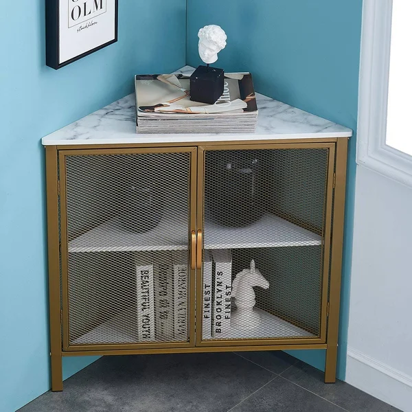 VECELO 3 Tiers Corner Shelf Metal Frame Shelves Storage Organizer with VENTILATION Protection DOOR, Glod, 19.7 x 19.7 x 29.6 inches