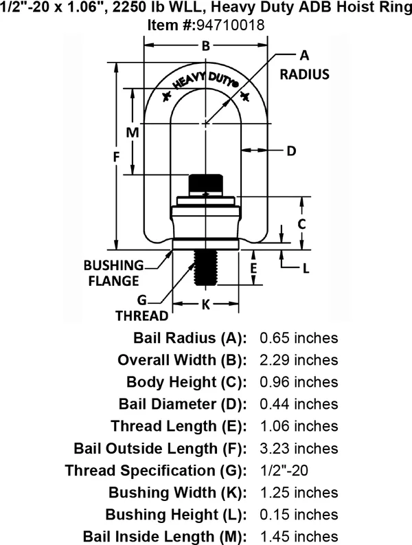 1/2-20 x 1.06 - 2250 lb WLL, Heavy Duty ADB Hoist Ring 33317