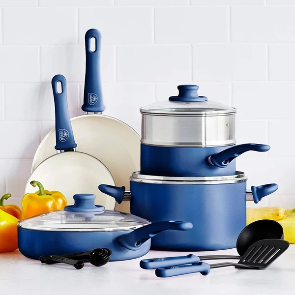 Greenlife Soft Grip Healthy Ceramic Nonstick Blue Cookware Pots and Pans Set - 12-Piece