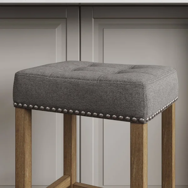 Nathan James Hylie Nailhead Wood Pub-Height Kitchen Counter Bar Stool 29 inch, Gray/Light Brown