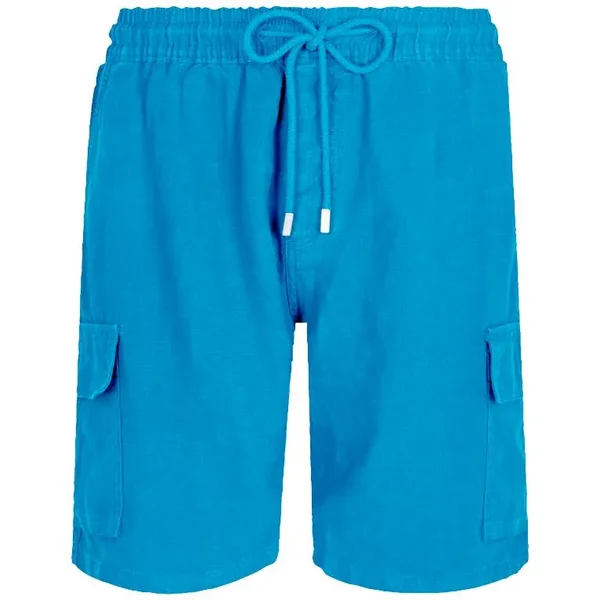 Men Linen Bermuda Shorts Cargo Pockets - Bermuda - Baie - Blue - Size XXL - Vilebrequin