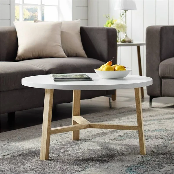 Walker Edison 30x22 Round Coffee Table - White Marble and Light Oak