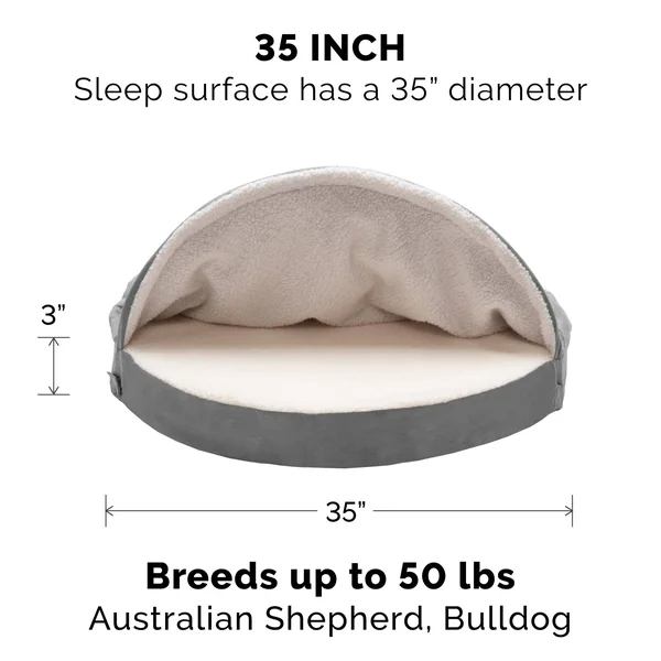 FurHaven Pet Dog Bed - Memory Foam Round Faux Sheepskin Snuggery Burrow Pet Bed for Dogs & Cats (Gray, 35x22 Base)