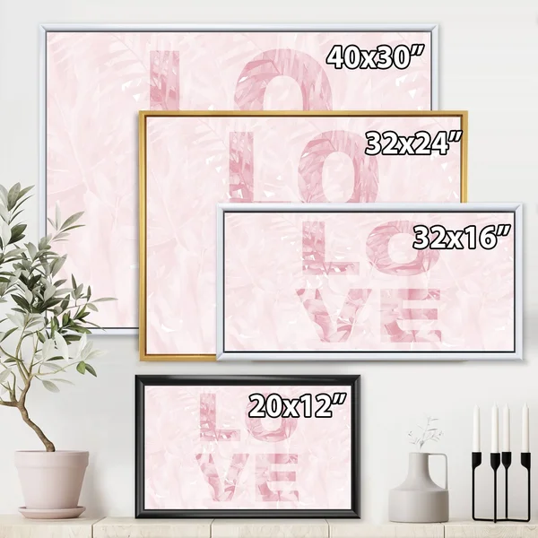 Designart 'Pink Pastel Love' Shabby Chic Framed Canvas Wall Art Print - 32 in. Wide x 16 in. High - Gold