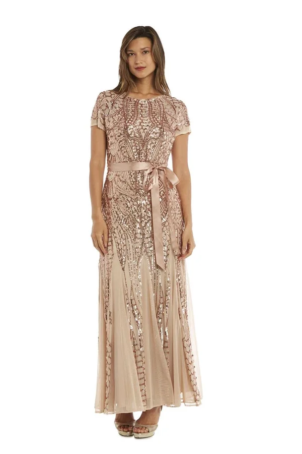 R & M Richards Short Sleeve Sequin Evening Gown, 8, Beige