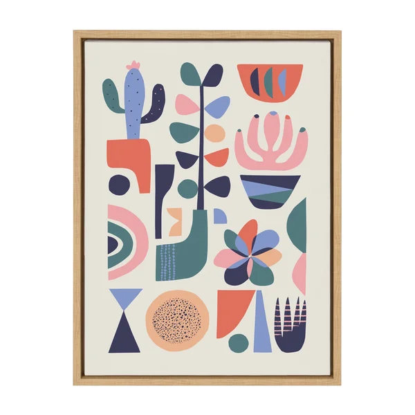 Kate and Laurel Sylvie Mid-Century Succulents Framed Canvas Wall Art by Rachel Lee - 18x24 Natural, Abstract Wall Decor