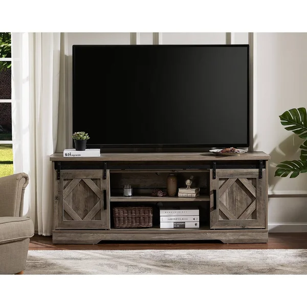 Wampat Farmhouse Sliding Barn Door TV Stand Rustic Gray for TVs Up to 65x22 - Rustic Brown Wash