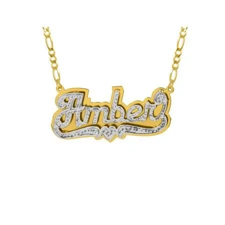 Personalized Sterling Silver or Gold Plated Double Nameplate Necklace with Beading and Rhodium - 18 inch Silver Plated Figaro Cha