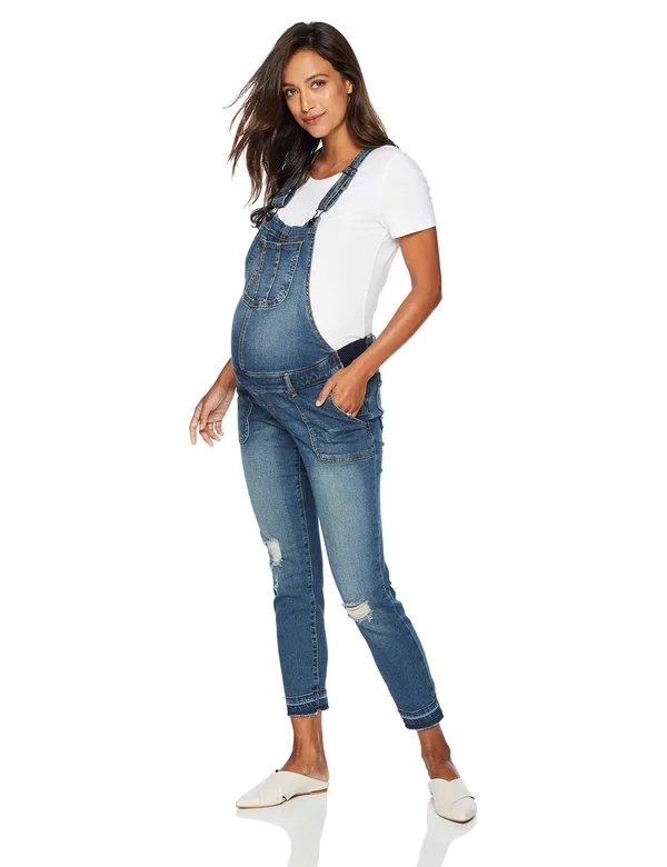 Indigo Blue Side Panel Letdown Hem Maternity Overalls in Medium Wash - S - Motherhood Maternity