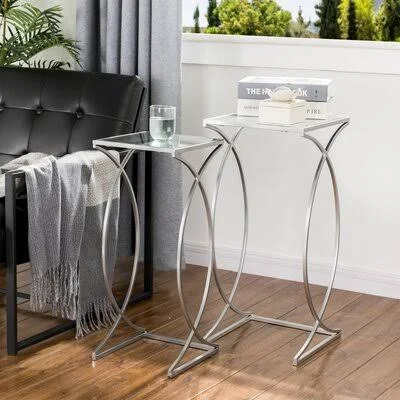 Arianna Glass Trestle Nesting Tables Ivy Bronx Table Base Color: Silver