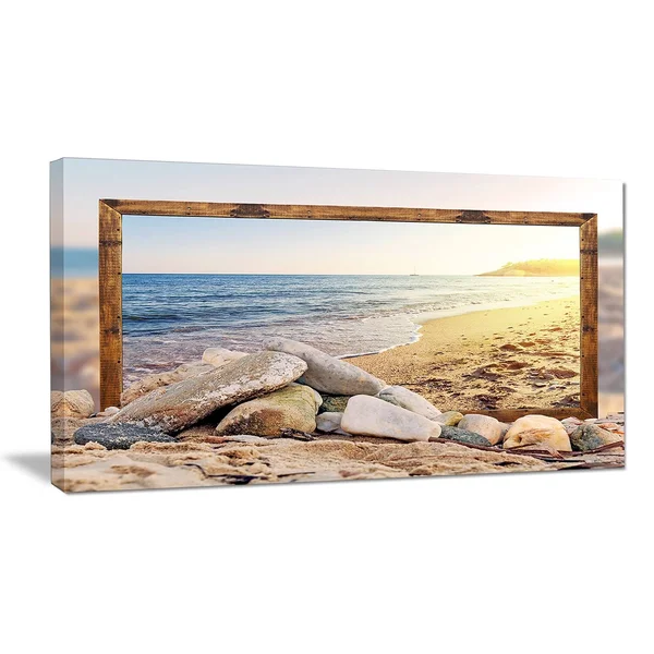 Design Art 'Framed Beach Rocks' Photographic Print on Wrapped Canvas - Size: 20 inch H x 40 inch W x 1 inch D, Blue