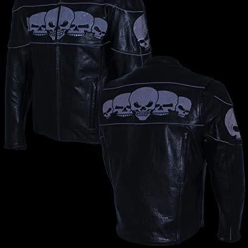 Xelement Bxu6050 Men's &3 Skull Head& Black Leather Motorcycle Jacket with X-Armor Protection - Black - Small