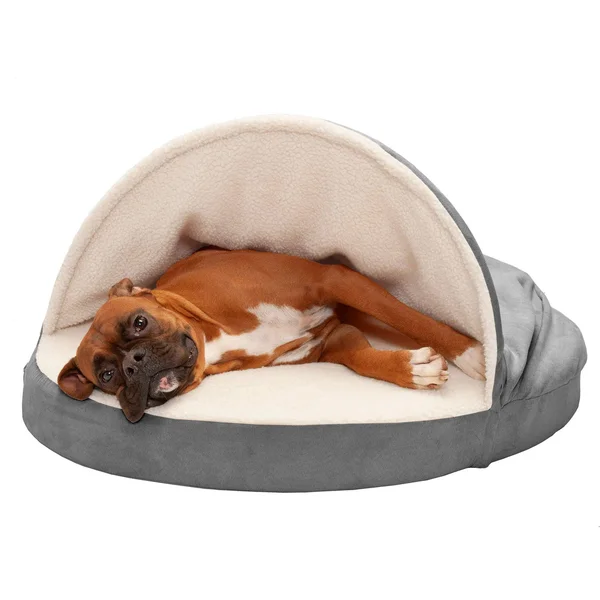 FurHaven Pet Dog Bed - Memory Foam Round Faux Sheepskin Snuggery Burrow Pet Bed for Dogs & Cats (Gray, 35x22 Base)