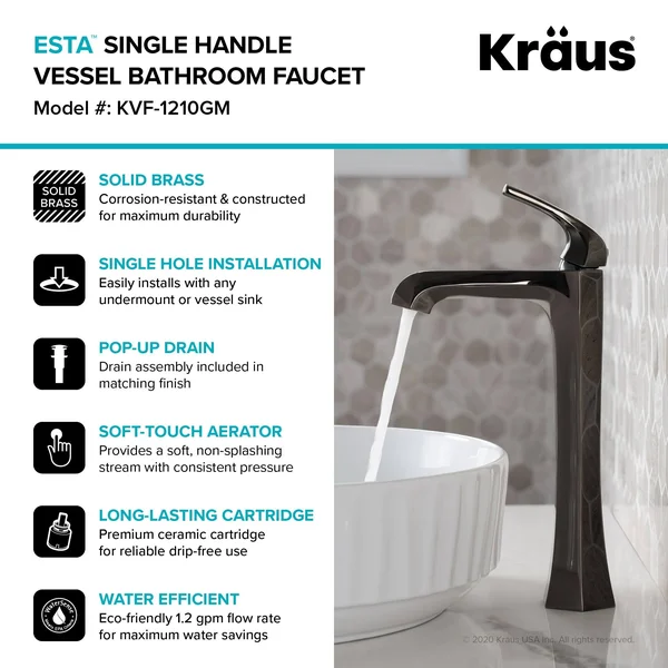 Kraus KVF-1210BG Esta Single Handle Vessel Bathroom Faucet with Pop-Up Drain - Brushed Gold