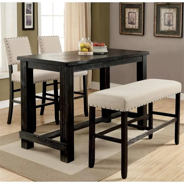 Furniture of America Sinuata Rustic Fabric Upholstered Bar Height Bench in Beige
