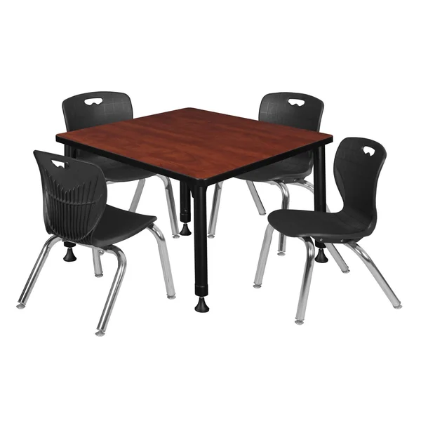 Regency TB3030CHAPBK45BK Kee 30 in. Square Height Adjustable Classroom Table - Cherry & 4 Andy 12-in Stack Chairs Black