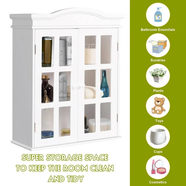 Wall-Mount Bathroom Storage Cabinet Medicine Organizer Double Doors - White
