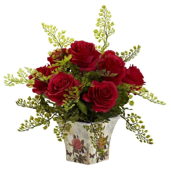 Nearly Natural Rose & Maiden Hair Floral Planter - White