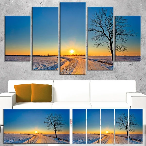 Design Art 'Distant Sunset in Winter' Photographic Print on Wrapped Canvas - Size: 20 inch H x 40 inch W x 1 inch D, Yellow