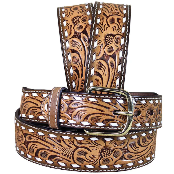 3D Belt Mens Western Buckstitch Floral Leather Brass Natural 3870