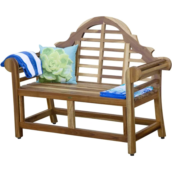 Compact Teak Outdoor Bench W- Crown Design in Natural Finish
